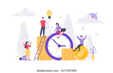 Tiny people characters working together with clock, character people and money symbol. Teamwork and time management concept flat style design vector illustration isolated white background.