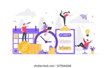 Tiny people characters working together with clock, character people and money symbol. Teamwork and time management concept flat style design vector illustration isolated white background.