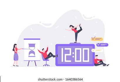 Tiny people characters working together with clock and character people. Teamwork and time management concept flat style design vector illustration isolated white background.