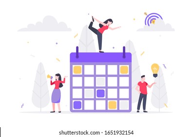 Tiny people characters working together with calendar schedule and fill out task on week schedule. Teamwork and time management concept flat style design vector illustration isolated white background.