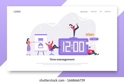 Pequeños personajes trabajando juntos con relojes, personajes. Concepto de trabajo en equipo y gestión del tiempo diseño de estilo plano ilustración vectorial aislado fondo blanco.