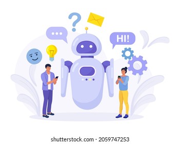 Tiny people chatting with chatbot application. AI robot assistant, online customer support. Chat bot virtual assistant via messaging Information engineering, artificial intelligence and FAQ concept