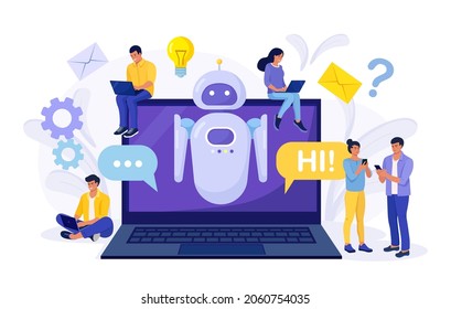 Pequeñas personas conversando con chatbot en una laptop. Asistente de robots de IA, asistencia al cliente en línea. Asistente virtual de bots de chat a través de mensajería Ingeniería de información, inteligencia artificial y concepto de preguntas frecuentes