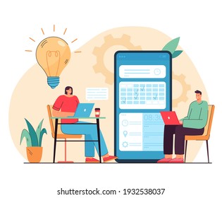 Tiny people chatting and choosing date in app flat vector illustration. Cartoon character using online calendar as dashboard. Appointment and booking application concept