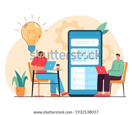 Tiny people chatting and choosing date in app flat vector illustration. Cartoon character using online calendar as dashboard. Appointment and booking application concept