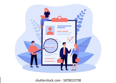 Tiny people checking application form for employment isolated flat vector illustration. Cartoon characters selecting resume or claim for job. Human research and recruitment concept