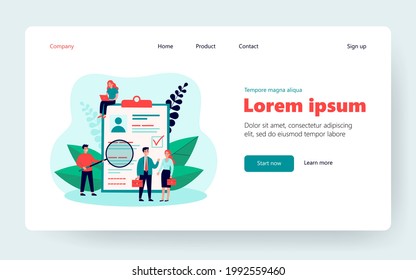 Tiny people checking application form for employment isolated flat vector illustration. Cartoon characters selecting resume or claim for job. Human research and recruitment concept