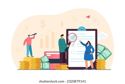 Tiny people with checklist managing budget vector illustration. Cartoon drawing of man with spyglass standing on stack of coins, financial growth. Budget management, finances, success concept
