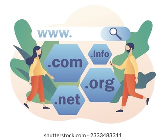 Tiny people choose, find, purchase, register website domain name. Domain registration concept. Online hosting service. Modern flat cartoon style. Vector illustration on white background