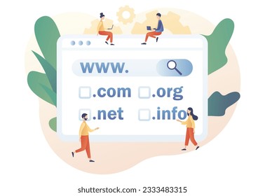 Tiny people choose, find, purchase, register website domain name. Domain registration concept. Online hosting service. Modern flat cartoon style. Vector illustration on white background
