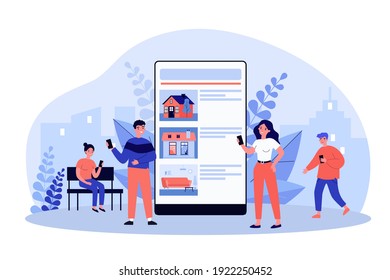 Tiny people choosing house online. Internet, home, real estate flat vector illustration. Mortgage and property concept for banner, website design or landing web page