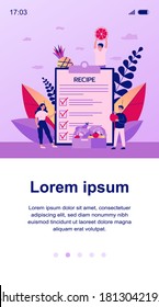 Pequeñas personas eligen productos para una nueva receta. Vegetable, fruta, ensalada, ilustración vectorial plana. Comida de la salud y concepto de cocina para banner, diseño de sitios web o página web de aterrizaje