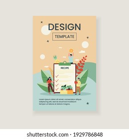 Tiny people choosing products for new recipe. Vegetable, fruit, salad flat vector illustration. Health food and cooking concept for banner, website design or landing web page