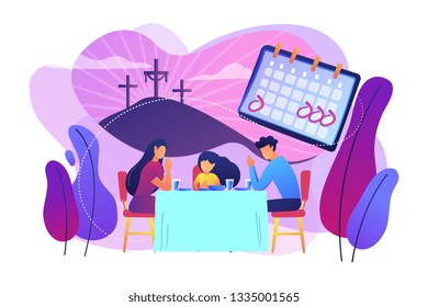 Tiny people, Christian family at table praying and celebrating Easter. Christian event, Christian holy days, religious dates calendar concept. Bright vibrant violet vector isolated illustration