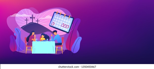 Tiny people, Christian family at table praying and celebrating Easter. Christian event, Christian holy days, religious dates calendar concept. Header or footer banner template with copy space.