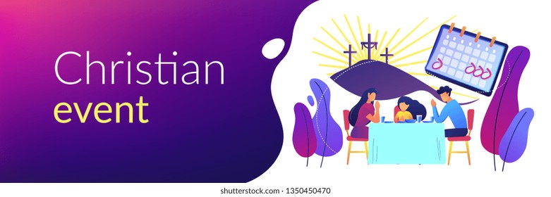 Tiny people, Christian family at table praying and celebrating Easter. Christian event, Christian holy days, religious dates calendar concept. Header or footer banner template with copy space.
