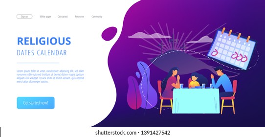 Tiny people, Christian family at table praying and celebrating Easter. Christian event, Christian holy days, religious dates calendar concept. Website vibrant violet landing web page template.