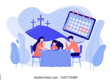 Tiny people, Christian family at table praying and celebrating Easter. Christian event, Christian holy days, religious dates calendar concept. Pinkish coral bluevector isolated illustration