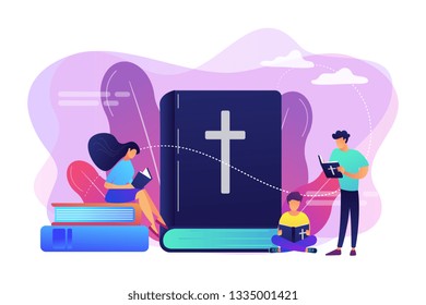 Tiny people christians reading the Holy Bible and learning about Christ. Holy Bible, sacred holy book, the word of God concept. Bright vibrant violet vector isolated illustration