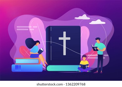 Tiny people christians reading the Holy Bible and learning about Christ. Holy Bible, sacred holy book, the word of God concept. Bright vibrant violet vector isolated illustration