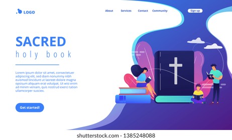 Pequeños cristianos leyendo la Biblia Santa y aprendiendo sobre Cristo. Sagrada Biblia, sagrado libro sagrado, el concepto de la palabra de Dios. Plantilla de página web de aterrizaje violeta vibrante del sitio web.
