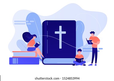 Tiny people christians reading the Holy Bible and learning about Christ. Holy Bible, sacred holy book, the word of God concept. Pinkish coral bluevector isolated illustration