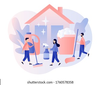 Tiny people clean house with cleaning tools. Cleaning service. Professional hygiene service for domestic households. Modern flat cartoon style. Vector illustration on white background