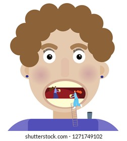 Tiny people clean the woman's yellow teeth, human teeth whitening, concept, teamwork of tiny people, miniature dwarfs, surrealism, abstraction, isolate on a white background, examination by dentist