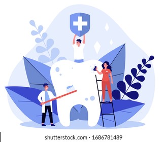 Tiny people cleaning big tooth flat vector illustration. Man holding banner with medical symbol. Doctor and dentist brushing teeth with toothbrush. Stomatology and healthcare concept.