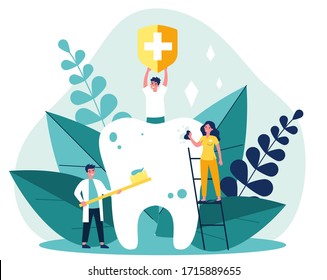 Tiny people cleaning big tooth flat vector illustration. Man holding banner with medical symbol. Doctor and dentist brushing teeth with toothbrush. Stomatology and healthcare concept.