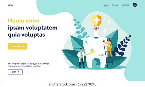 Tiny people cleaning big tooth flat vector illustration. Man holding banner with medical symbol. Doctor and dentist brushing teeth with toothbrush. Stomatology and healthcare concept.