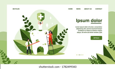 Tiny people cleaning big tooth flat vector illustration. Man holding banner with medical symbol. Doctor and dentist brushing teeth with toothbrush. Stomatology and healthcare concept.
