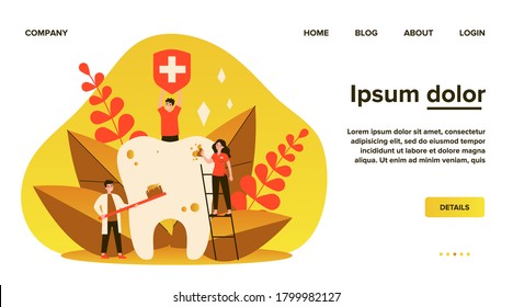 Tiny people cleaning big tooth flat vector illustration. Man holding banner with medical symbol. Doctor and dentist brushing teeth with toothbrush. Stomatology and healthcare concept.