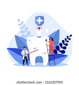 Tiny people cleaning big tooth flat vector illustration. Man holding banner with medical symbol. Doctor and dentist brushing teeth