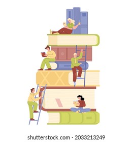 Tiny people climbing on top of books stacked. Metaphor of educational and career ladder and power of knowledge, flat vector illustration isolated on white background.