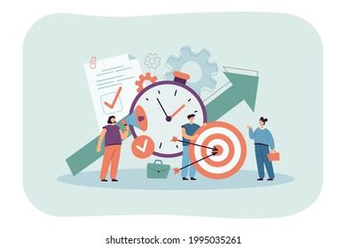 Tiny people with clock, checklist and target. Productive cartoon characters achieving goal flat vector illustration. Discipline, time management concept for banner, website design or landing web page