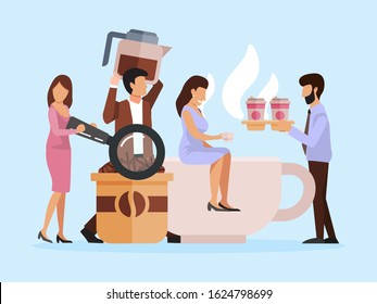 Tiny people with coffee cups vector illustration. Coffee break at work concept. Businessmen sitting on big mugs with cappuccino, drinking hot beverages and enjoying