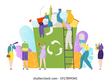 Tiny people collect trash, recycling garbage concept, environmental pollution, city ecology, cartoon style vector illustration. Waste container, sorting and processing for utelization, reuse garbage.