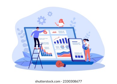 Pequeñas personas recolectando datos para análisis de ilustraciones vectoriales. Trabajadores de oficina calculando finanzas o administrando recursos en infografías en pantalla de computadora. Análisis de datos, concepto de red