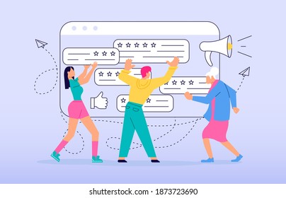 Tiny people with comment giving their choice for feedback vector concept. Customer review and satisfaction rating metaphor illustration
