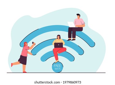 Tiny people communicating via wireless internet. Men and women using different devices. Laptops and mobile phones for messaging. Distance communication concept for banner, website or landing page