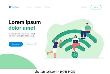 Tiny people communicating via wireless internet. Men and women using different devices. Laptops and mobile phones for messaging. Distance communication concept for banner, website or landing page