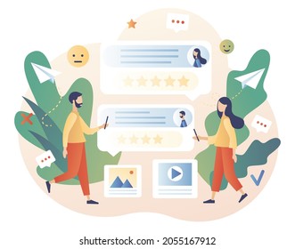 Tiny people communication in community group. Online forum concept. Internet chat messages, dialog, conversation in social media, networking. Modern flat cartoon style. Vector illustration