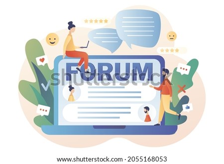 Tiny people communication in community group. Online forum concept. Internet chat messages, dialog, conversation in social media, networking. Modern flat cartoon style. Vector illustration