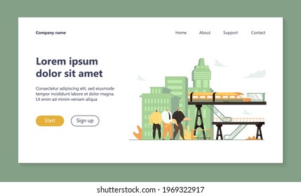 Tiny people conducting construction job. Railway, infrastructure, bridges flat vector illustration. Civil engineering, construction industry concept for banner, website design or landing web page