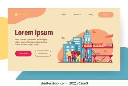 Tiny people conducting construction job. Railway, infrastructure, bridges flat vector illustration. Civil engineering, construction industry concept for banner, website design or landing web page