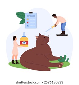 Tiny people conducting an eye check-up on a giant cat using oversized medical equipment, emphasizing teamwork and veterinary care vector illustration.