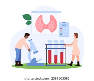 Tiny people conducting a thyroid gland blood test, focusing on laboratory research and medical diagnostics, highlighting endocrine health vector illustration.