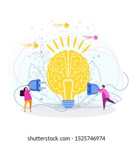 Tiny people connect the brain to an electrical network. Business metaphor. Idea, inspiration, mind and intelligence. Trendy flat vector style.