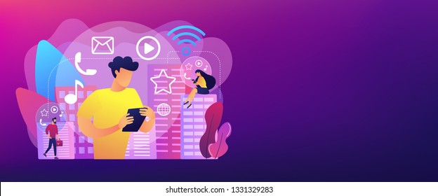 Tiny people connected with multiple intelligent devices in smart city. Connected living, global online services, intelligent devices network concept. Header or footer banner template with copy space.